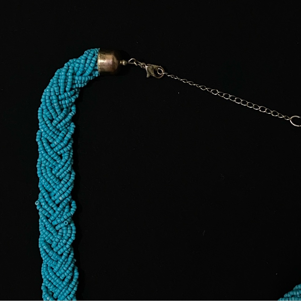 Vintage Boho Silver Tone + Turquoise Spring Blue Beads Rope Braids Bib Necklace - Picture 4 of 4